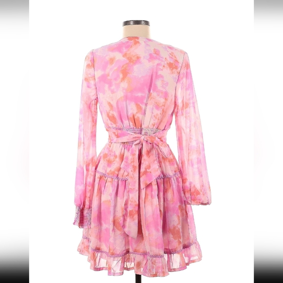 Japna Pink Tie Dye Watercolor Long Sleeve Boho Ruffle Babydoll Dress - Picture 2 of 6
